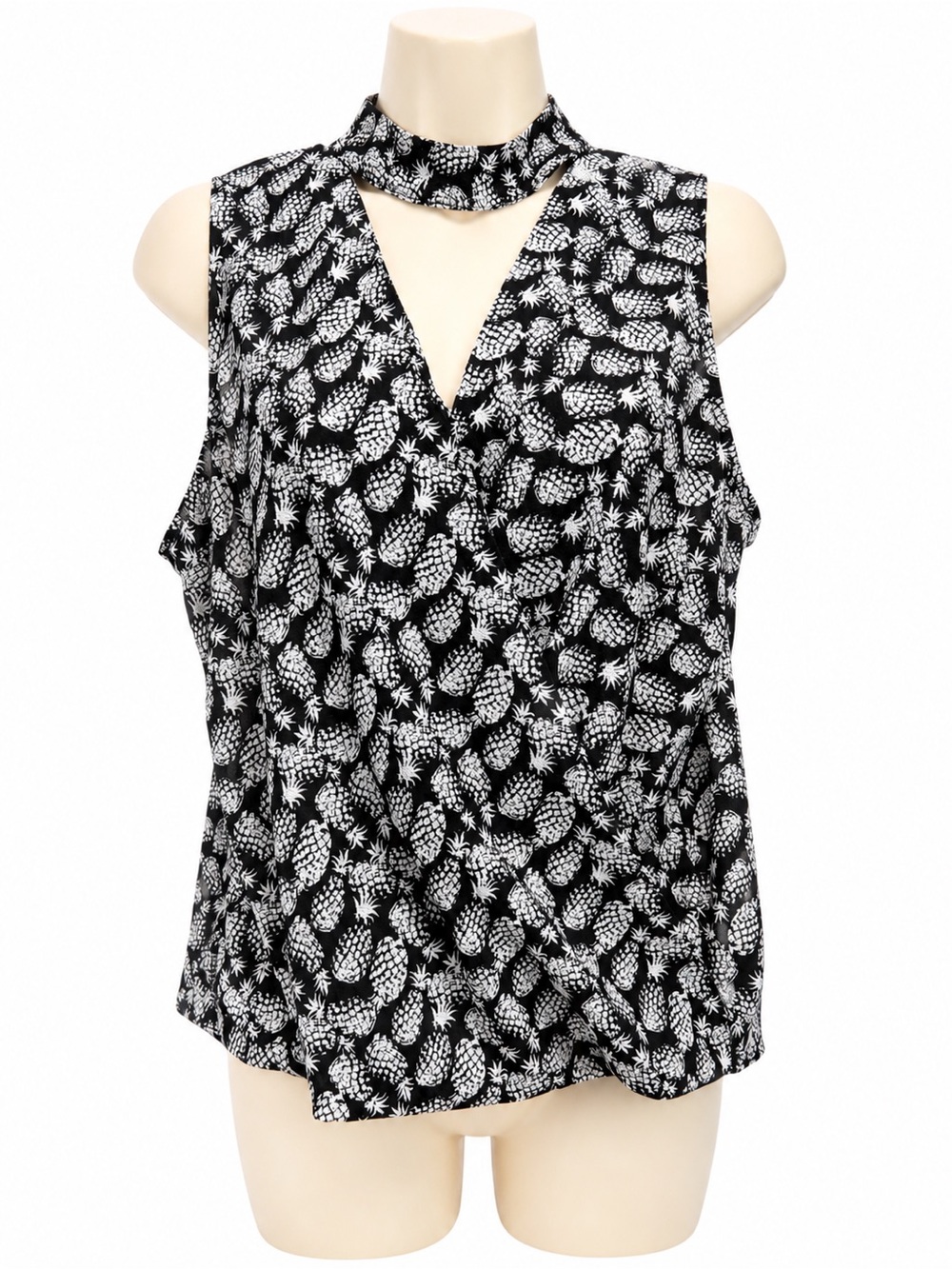 A. Byer Black White Pineapple-Print Choker V-Neck Tank